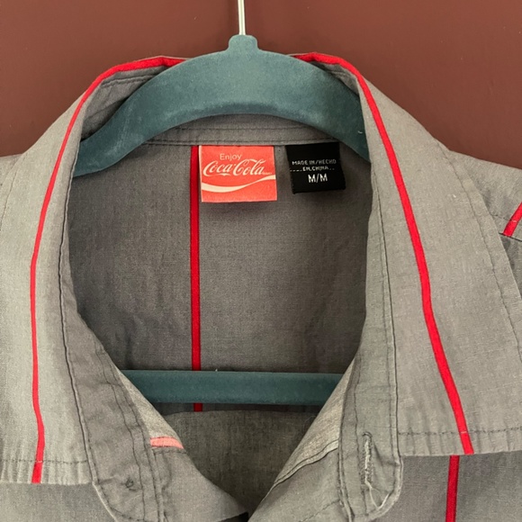 Vintage Coca Cola Mens M Gray Striped Logo Patch Button Down Work Shirt - Picture 4 of 6